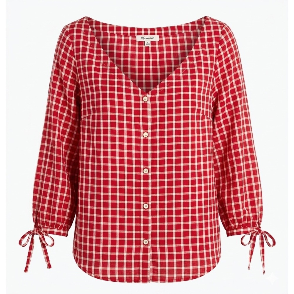 Madewell Red White Gingham Button Front V-Neck Tie Sleeve Blouse Large